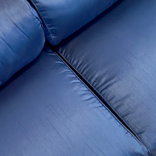 1980s Art Deco Chinoiserie Style Royal Blue Allover Upholstered 3-Seater Sofa For Sale - Image 11 of 16