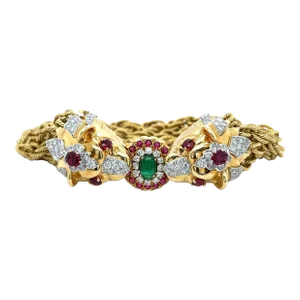 18K Gold & Platinum Double Lion Head Multi Rope Chain Emerald & Ruby Bracelet