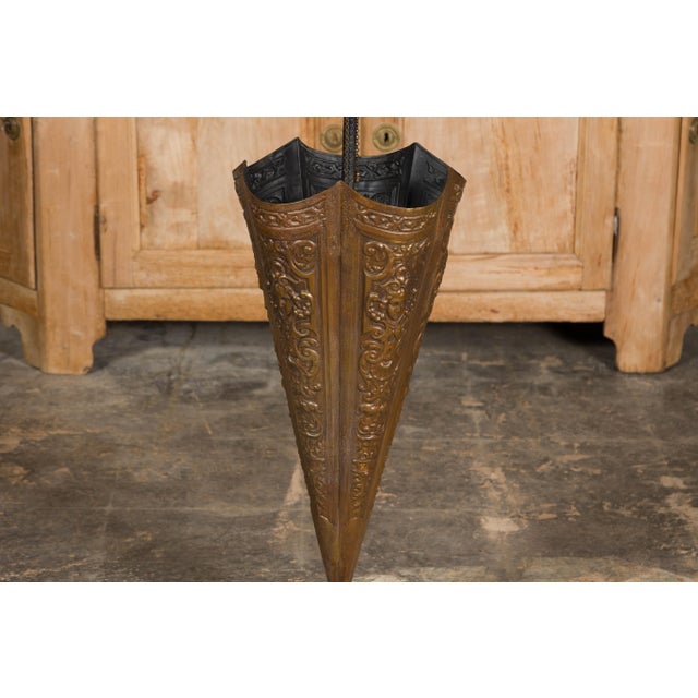Brass English 1920-1930 Brass Umbrella Stand with Raised Motifs and Tripartite Base For Sale - Image 8 of 11