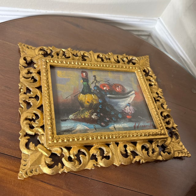 Wood Vintage Italian Still Life Oil Painting Ornate Framed and Signed For Sale - Image 7 of 9