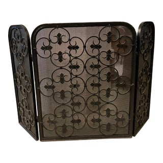 Mid 20th Century Hollywood Regency Scrolled Iron and Mesh Trifold Fireplace Screen For Sale