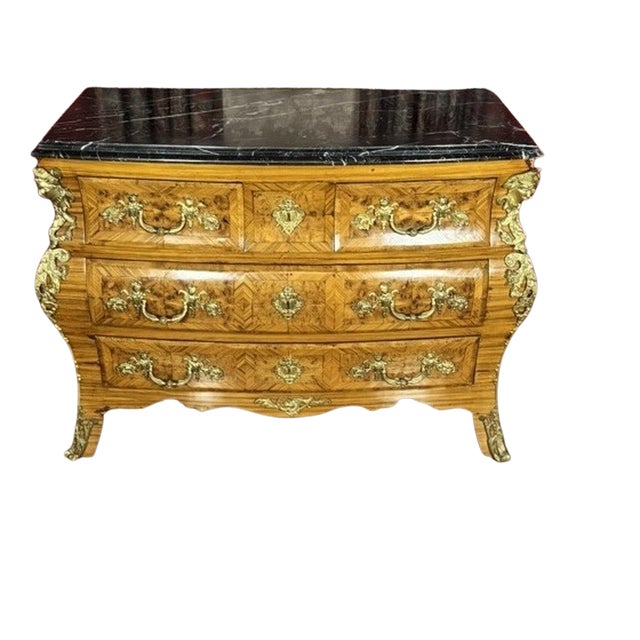 French Mid 20th Century Louis XV Style Gilt-Mounted Bombe Commode With Marble Top For Sale - Image 3 of 6