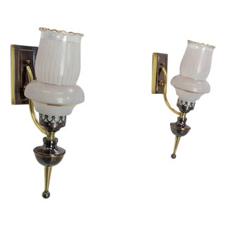 Neo-Classical Sconces in Brass & Glass, 1960s, Set of 2 For Sale