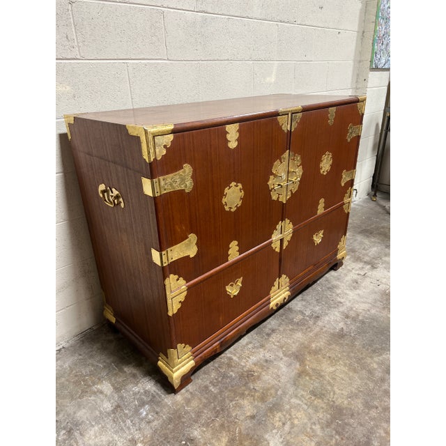 Hollywood Regency Large Vintage Teak & Brass Korean Style Chest Buffet Bar For Sale - Image 3 of 13