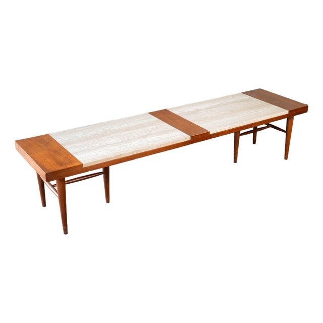 1960s American of Martinsville Walnut & Travertine Coffee Table For Sale