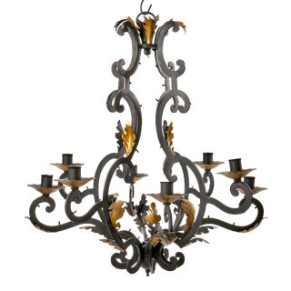 Vintage Italian Iron Eight Arm Chandelier Frame With Gold Painted Leaves For Sale