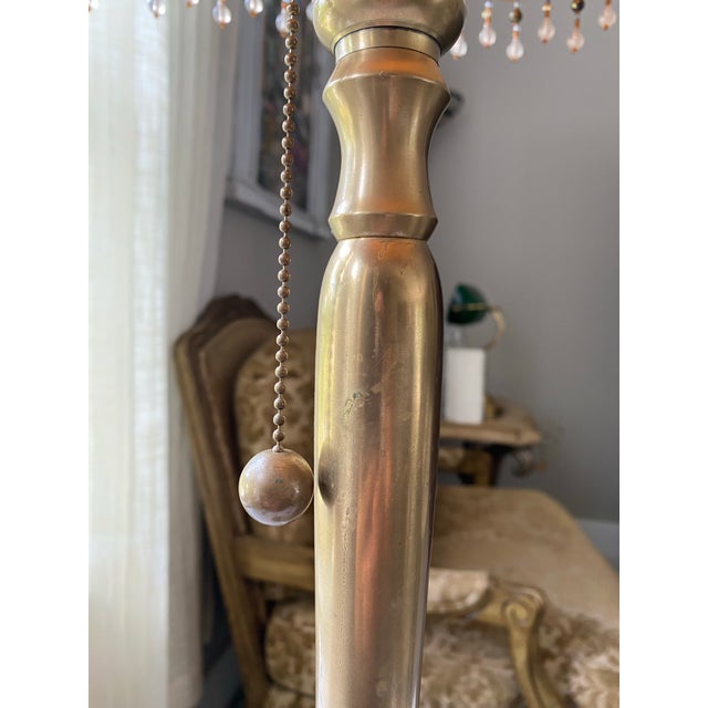 Vintage Brass Table Lamp With Burgundy Embroidered Shade, Gold Scroll Motif & Crystal Drops, Traditional Hollywood Regency Decor For Sale - Image 11 of 12