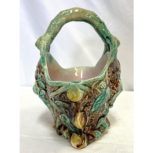 Boho Chic Vintage Italian Majolica Faux Bois Birds Nest Ceramic Basket Vase For Sale - Image 3 of 12