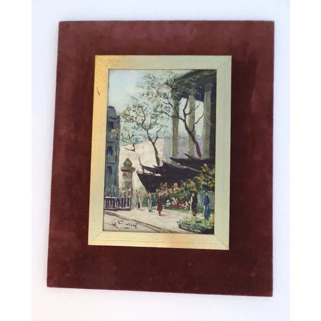 Attractive oil on board painting by H. Pierrel. Flower market at the Madeleine, Paris. Very period frame of mitered gilt...