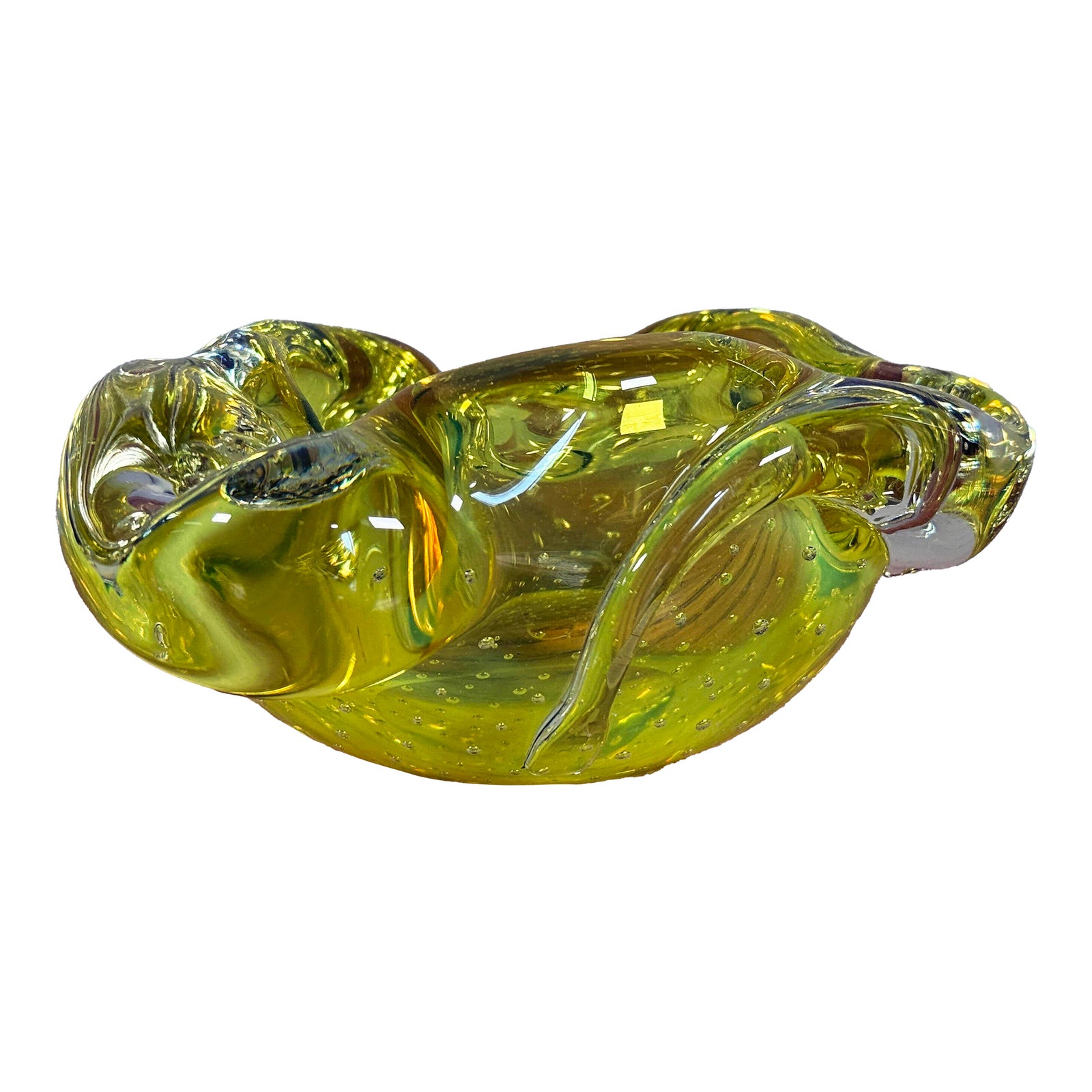 Vintage Mid Century Yellow Green Murano Art Glass Catchall Bowl