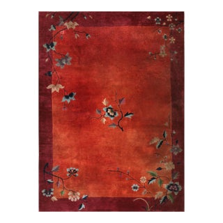 1920s Ruby Red Floral Antique Chinese Art Deco Rug 5' X 6'9" Knotted Pile Wool Carpet For Sale