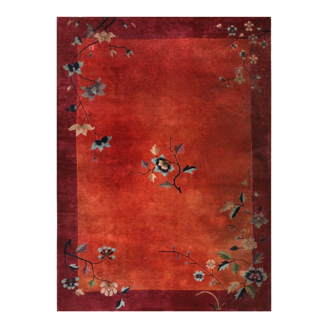 1920s Ruby Red Floral Antique Chinese Art Deco Rug 5' X 6'9" Knotted Pile Wool Carpet For Sale