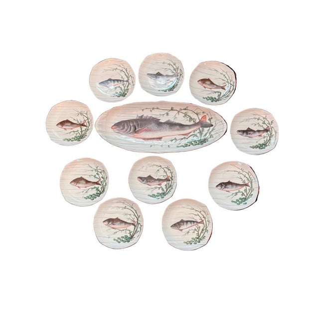 Late 19th Century Antique Limoges Fish Plates & Large Platter Set by O. Gutherz 9” Plates 24.75” Platter For Sale - Image 5 of 9