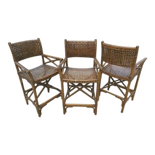 Mid-Century Modern McGuire Antalya Style Laced Leather Bamboo Rattan Barstools - Set of 3 For Sale