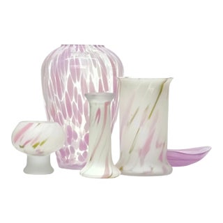 Matte Frosted Pink & White Art Glass Vessel Curation - Group of 5 For Sale