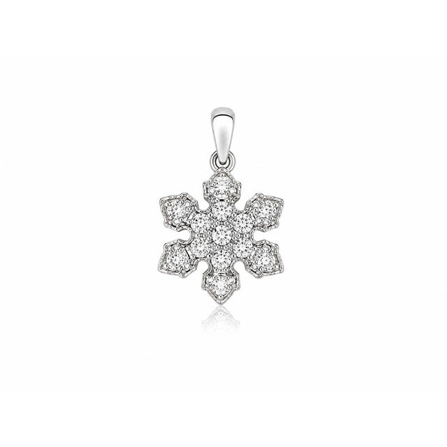 A delicate 14K white gold snowflake pendant set with natural round brilliant-cut diamonds in an elegant six-point design....