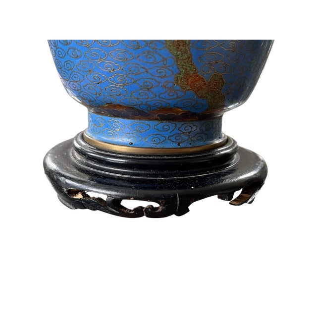 Antique 19th Century Chinese Cloisonné Vase Lamp With Cherry Blossoms & Swallows on Cobalt Blue Ground, 18" For Sale - Image 14 of 15