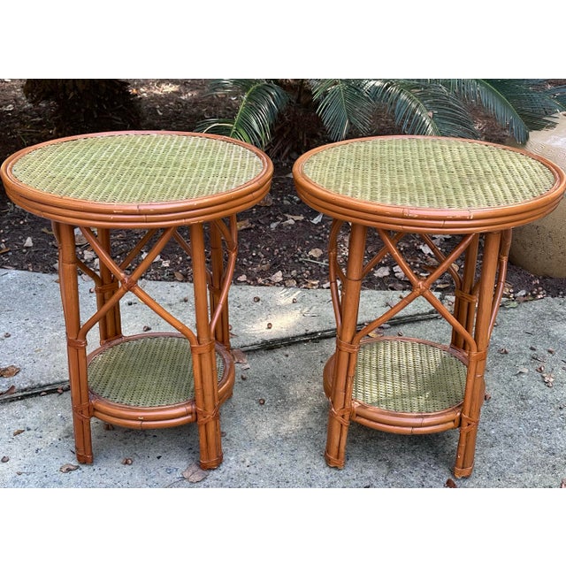 Green Rattan 2 Tiered Side Tables - A Pair For Sale - Image 8 of 9