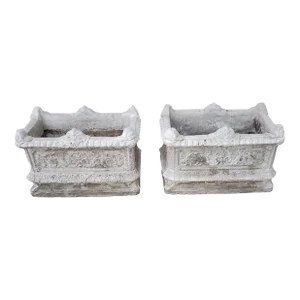 Antique English Weathered Stone Concrete Scroll and Acanthus Leaf Motif Garden Planters - Set of 2