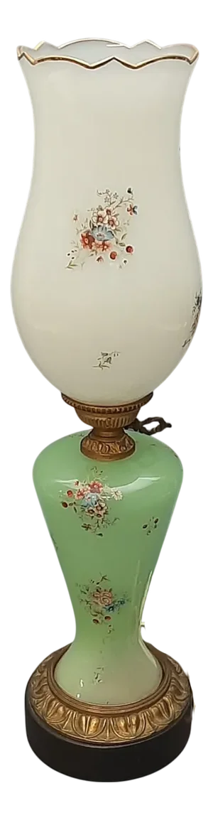 White and Green Murano Glass Table Lamp with Brass Flowers, 1950s