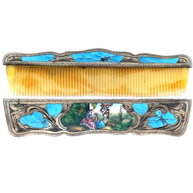 Traditional Silver Comb Box With Enamel & Pastoral Scene For Sale - Image 3 of 6