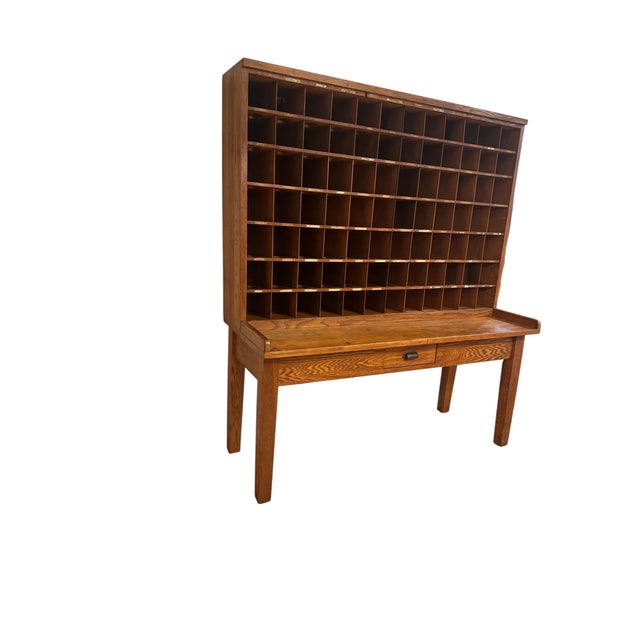 American 1953 U.S. Post Office Department Oak Mail Sorting Desk With 84 Cubbies For Sale - Image 3 of 9