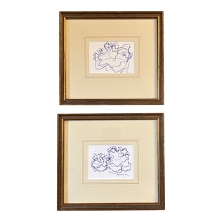 1980’s 2 Original Wayne Cunningham Abstract Ink Drawings Vintage Frames-A Pair For Sale