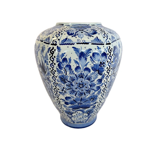 Mid-Century Modern 1970s Large Hand-Painted Delft Blue & White Vase With Bird Motif For Sale - Image 3 of 11