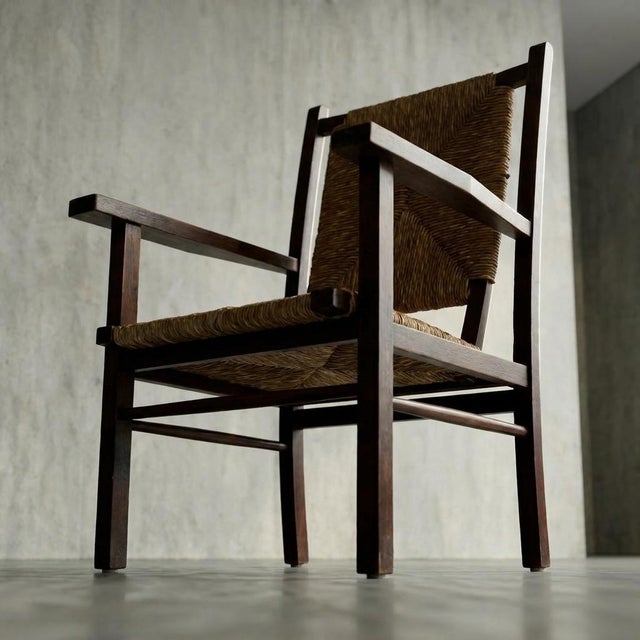 Spanish Walnut and Bulrush Rationalist Armchairs, 1960s For Sale - Image 10 of 11