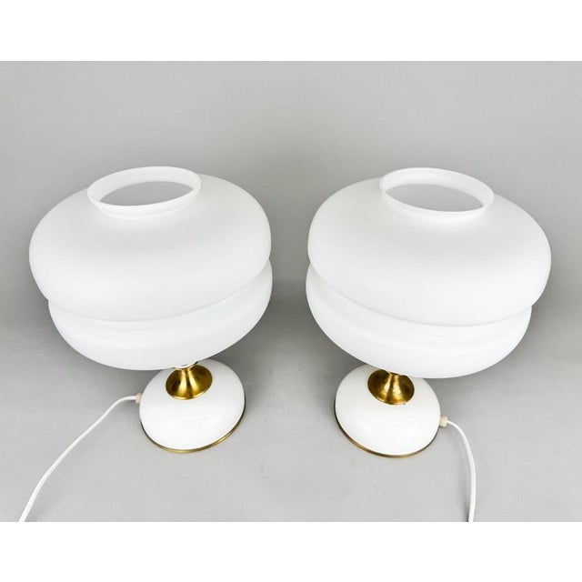 Milk Glass & Brass Table Lamps attributed to Napako, Czechoslovakia, 1970s, Set of 2 For Sale - Image 4 of 12