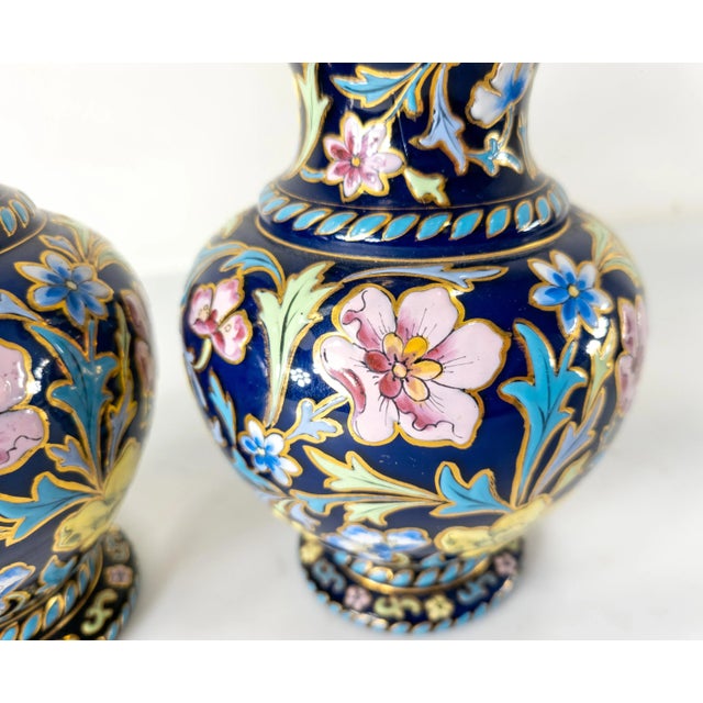 Blue 19th Century Pair of Bohemian Moser Style Enameled Floral Vases For Sale - Image 8 of 13