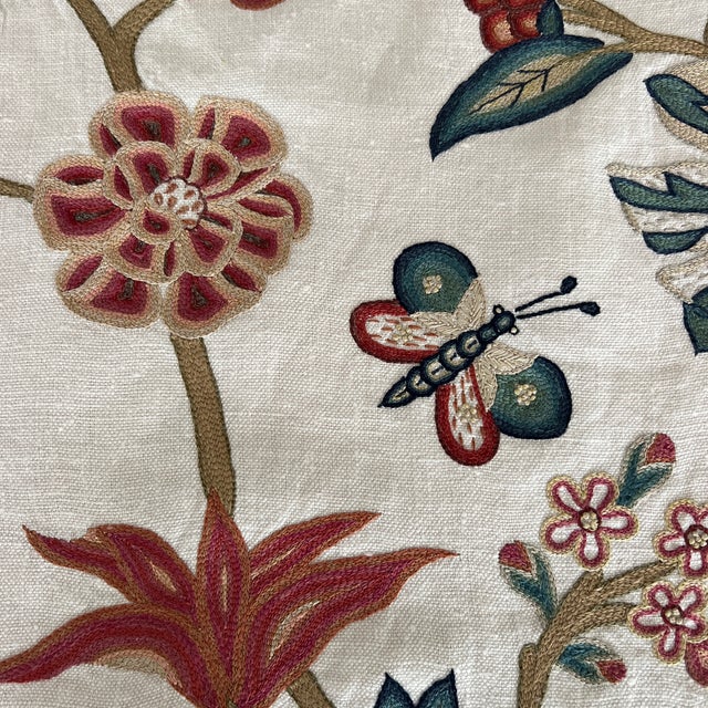 English Chelsea Textiles Lilies Magnolia & Chrysanthemums Hand Embroidered Linen Fabric- 3 Yards For Sale - Image 3 of 8