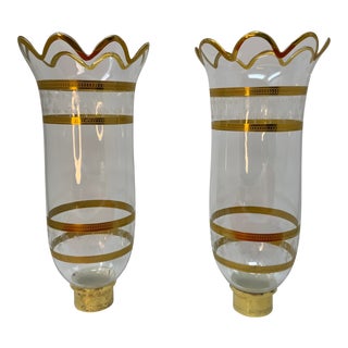Vintage Gorham Gold-Rimmed Scallop Top and Gold-Banded Fleur De Lys Etched Crystal Hurricanes- a Pair For Sale