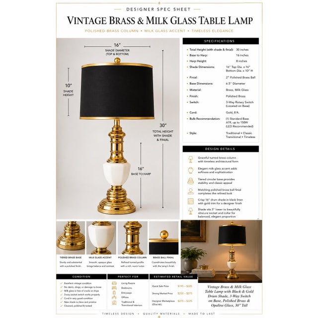 Hollywood Regency Vintage Brass & Milk Glass Table Lamp | Black & Gold Drum Shade | 30” Designer Accent Lamp For Sale - Image 3 of 3