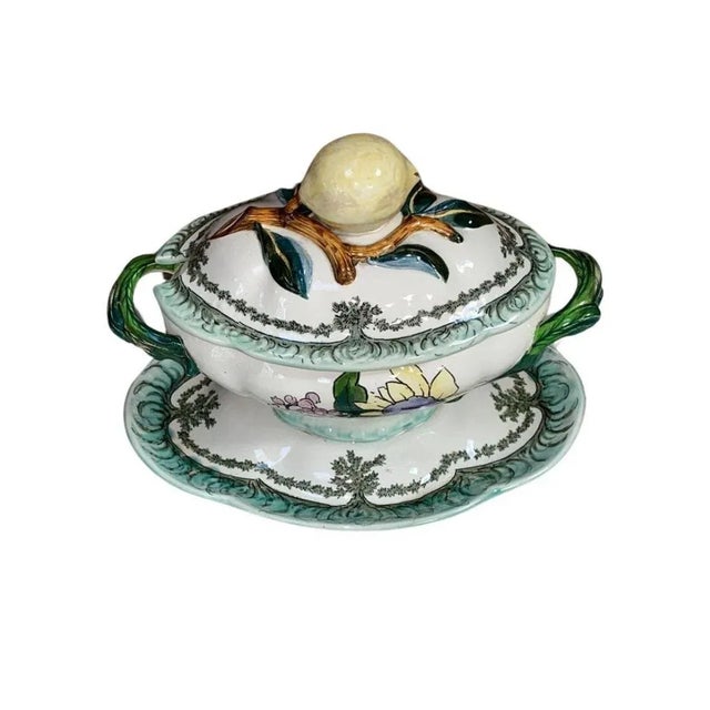 Elegant and Rare French Faience sunflower Tureen Creil et Montereau Circa 1890. Signed C&M Le Soleil. Lemon handle.