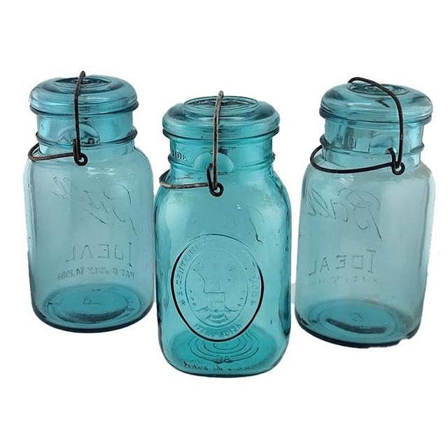 Set of 3 vintage Ideal Ball Mason's canning jars with lid & baling wire fasteners in the coveted turquoise color.