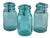 Set of 3 vintage Ideal Ball Mason's canning jars with lid & baling wire fasteners in the coveted turquoise color.