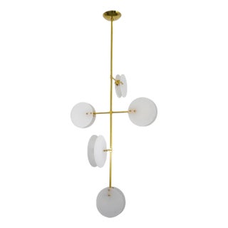 Modern brass chandelier with opaline glass shades For Sale
