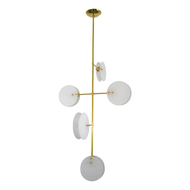 Modern brass chandelier with opaline glass shades For Sale