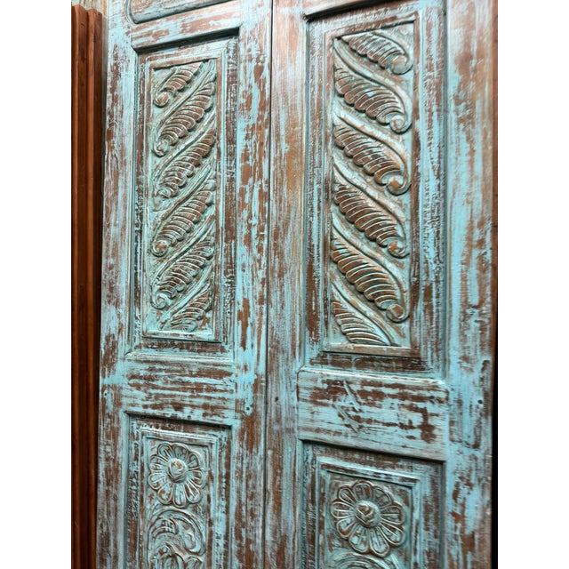 Vintage Carved Blue Floral Closet Doors – Rustic Reclaimed Wood Double Doors 80x35 For Sale In Orlando - Image 6 of 6
