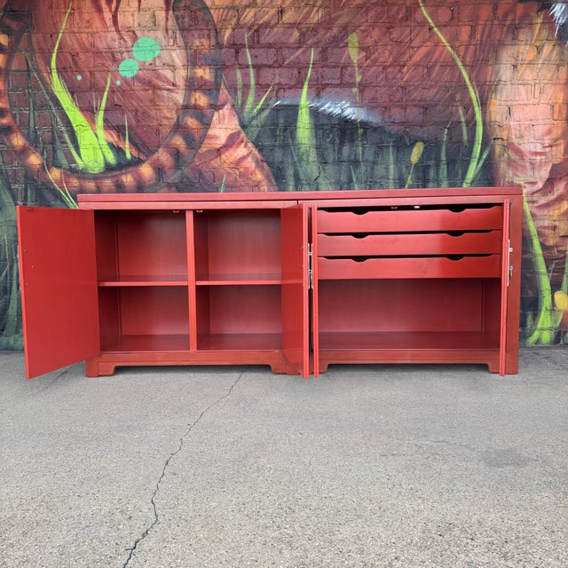 Chinoiserie Baker Chinoiserie Mid Century Red Lacquer Buffet For Sale - Image 3 of 12