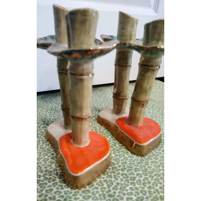 Majolica Vintage Italian Colorful Ceramic Faux Bamboo Double Stalk Green Orange Candle Stick Holders- a Pair For Sale - Image 4 of 9