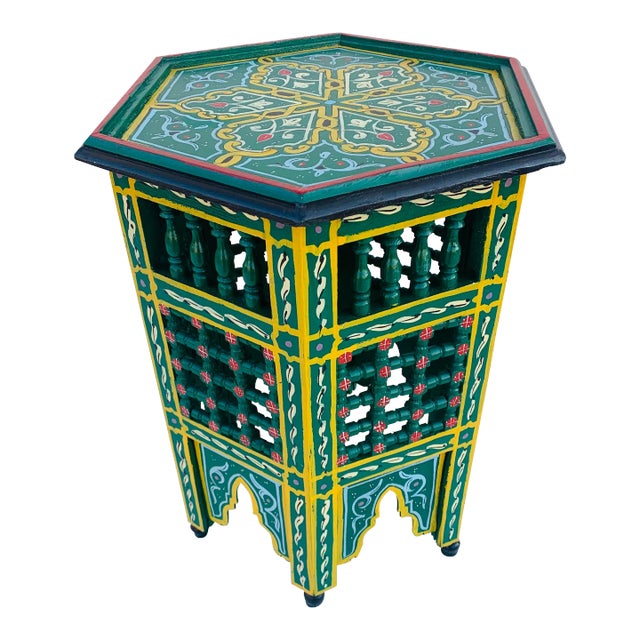Moroccan Moorish Hexagonal Green Hand-Painted Side Table For Sale