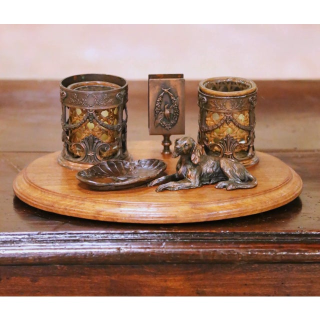 French Early 20th Century French Spelter and Walnut Desk Garniture Set For Sale - Image 3 of 7