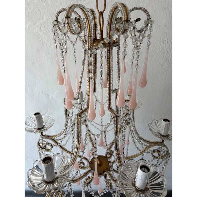 French Pink Opaline Murano Drops Rock Crystal Swags Chandelier, Circa 1920French Pink Opaline Murano Drops Rock Crystal Swags Chandelier, Circa 1920 For Sale - Image 13 of 13