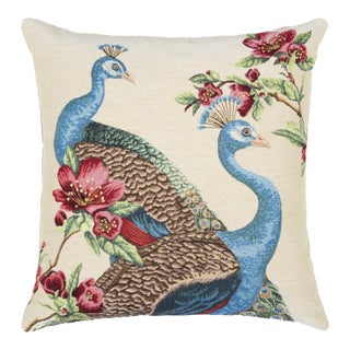 Peacocks & Flowers Tapestry Cushion With Feather Filler - 46x46cm (18"x18") For Sale