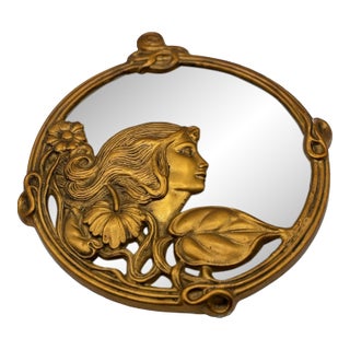 1910s Cast Brass Art Nouveau Round Wall Mirror With Ivy Lady Portrait For Sale