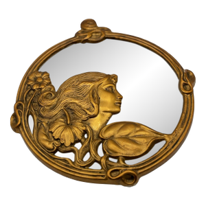 1910s Cast Brass Art Nouveau Round Wall Mirror With Ivy Lady Portrait