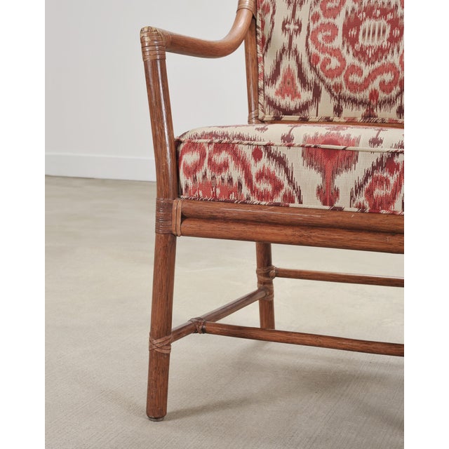 Wood Set of Four McGuire Spindle-Back Rattan Ikat Dining Armchairs For Sale - Image 7 of 18