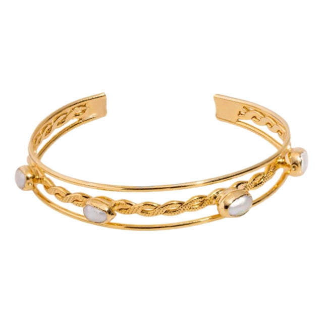 Trio Bubble Pearl Gold Cuff Statement Bracelet For Sale